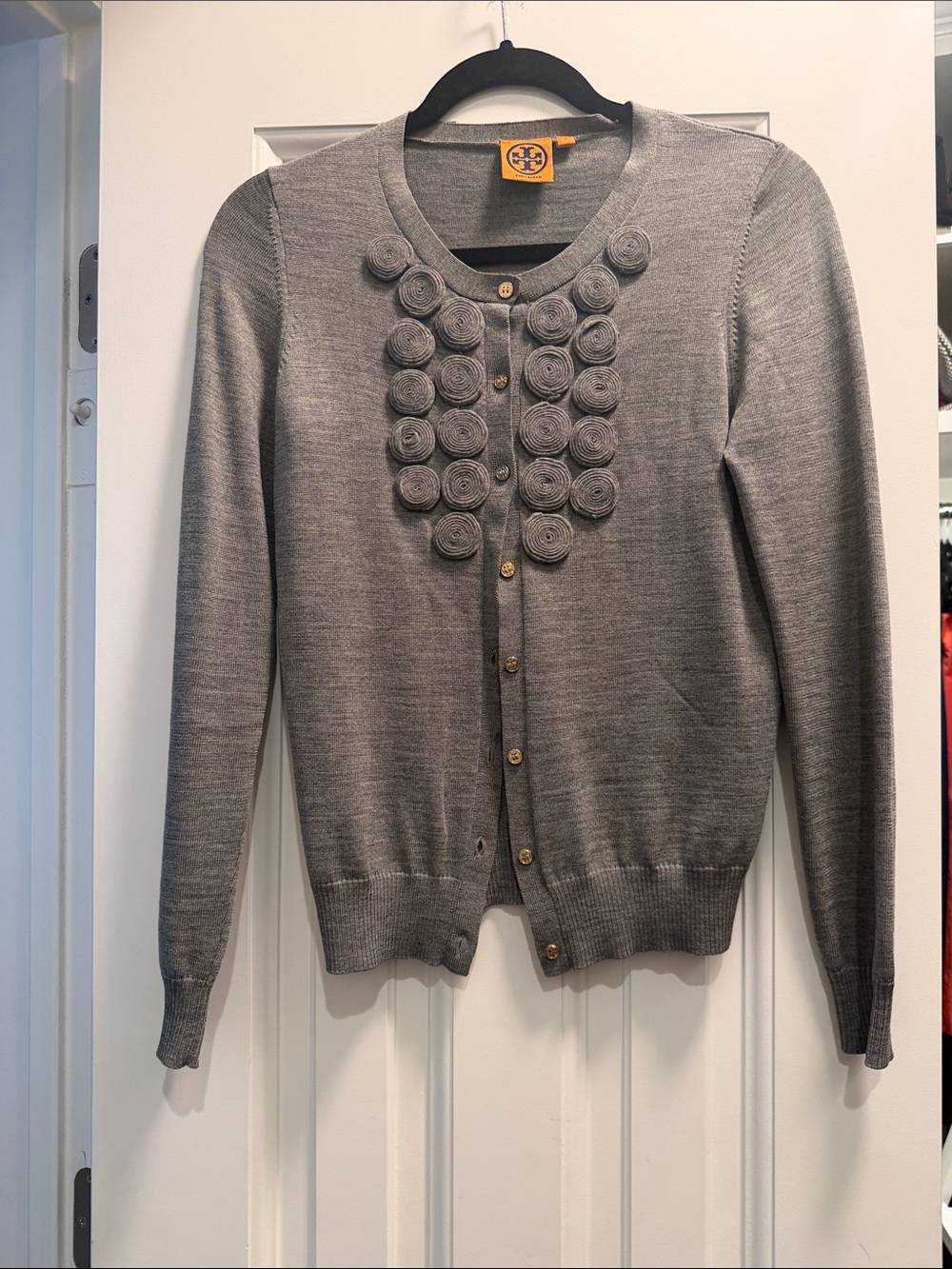 Tory Burch Gray Cardigan with Rosette Appliqués